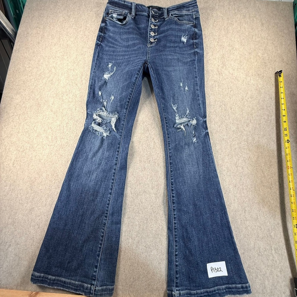 Judy Blue Trouser Flare Jeans Distressed Button Fly Medium Wash Size 11/30